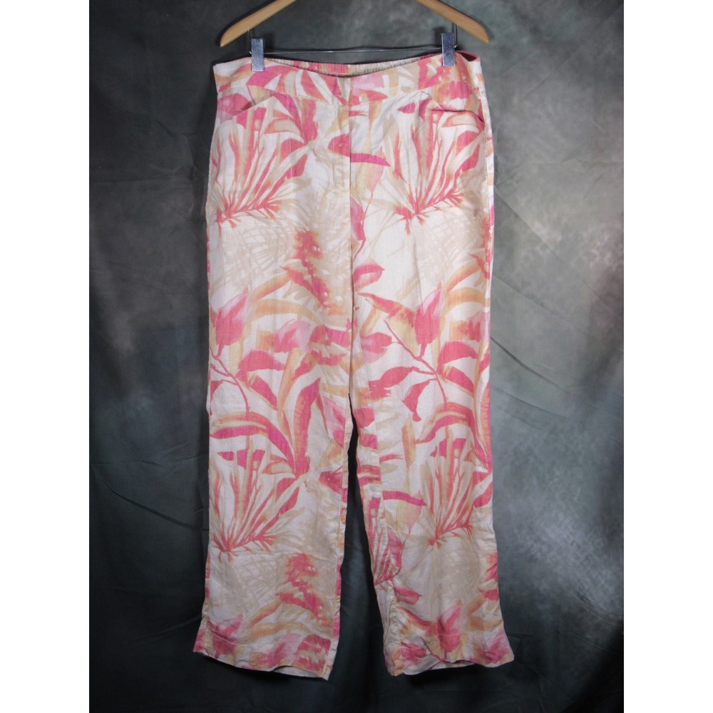 Chicos Pink Orange Tropical Palm Print 100% Linen Wide Leg Pants Size 2.5 US 14